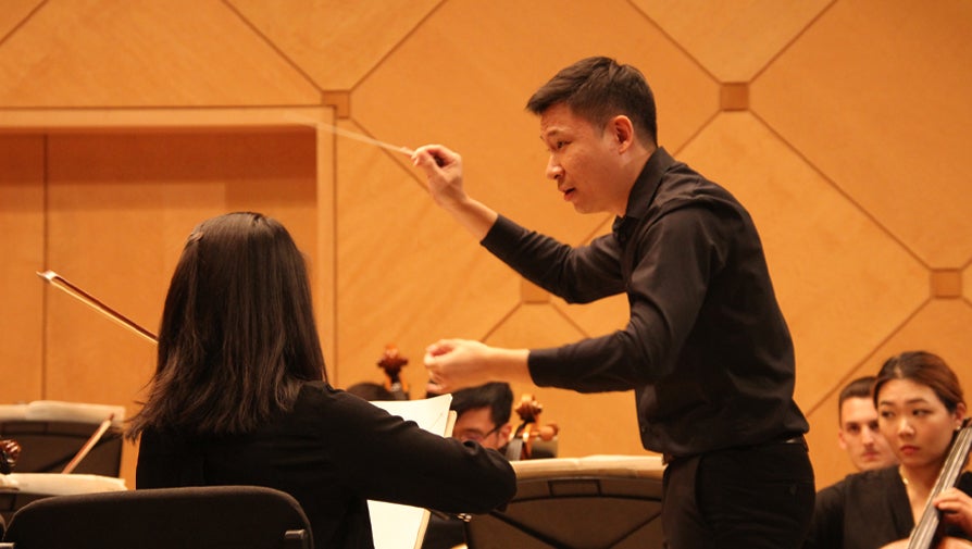 conductor conducting an orchestra performance
