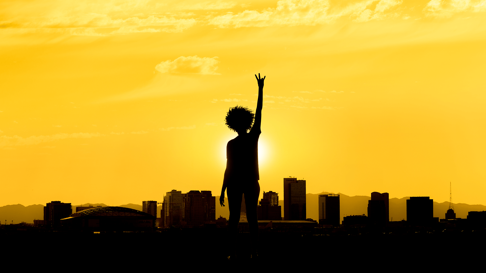 silhouette of a person in front of cityscape