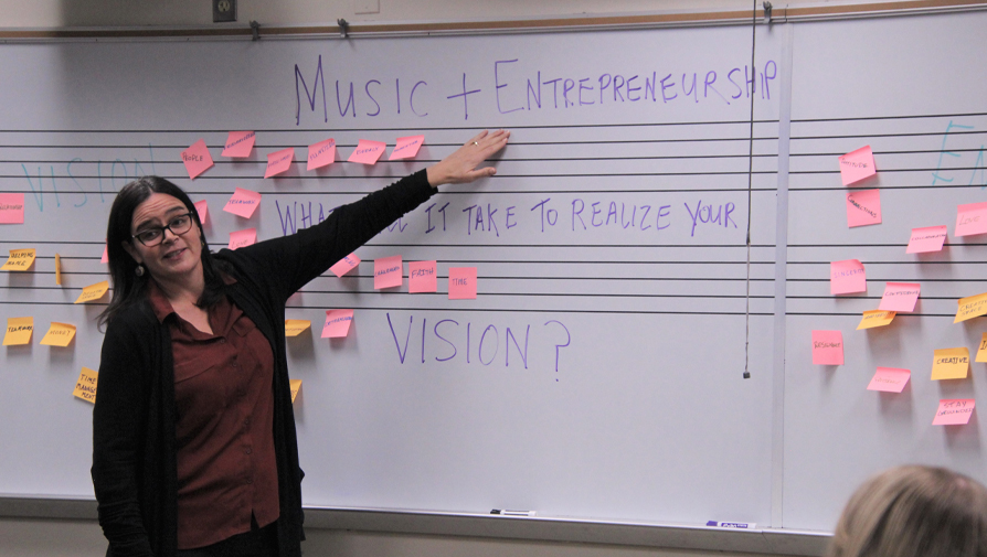 instructor pointing to whiteboard
